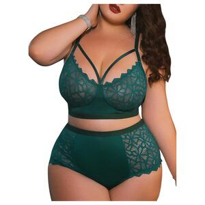 4726 Plus Size Lingerie Sets Contrast Lace Cut Out Wireless Bra and Panty